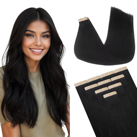 DOORES Hair Extensions Tape Ins 24 Inch Jet Black front view