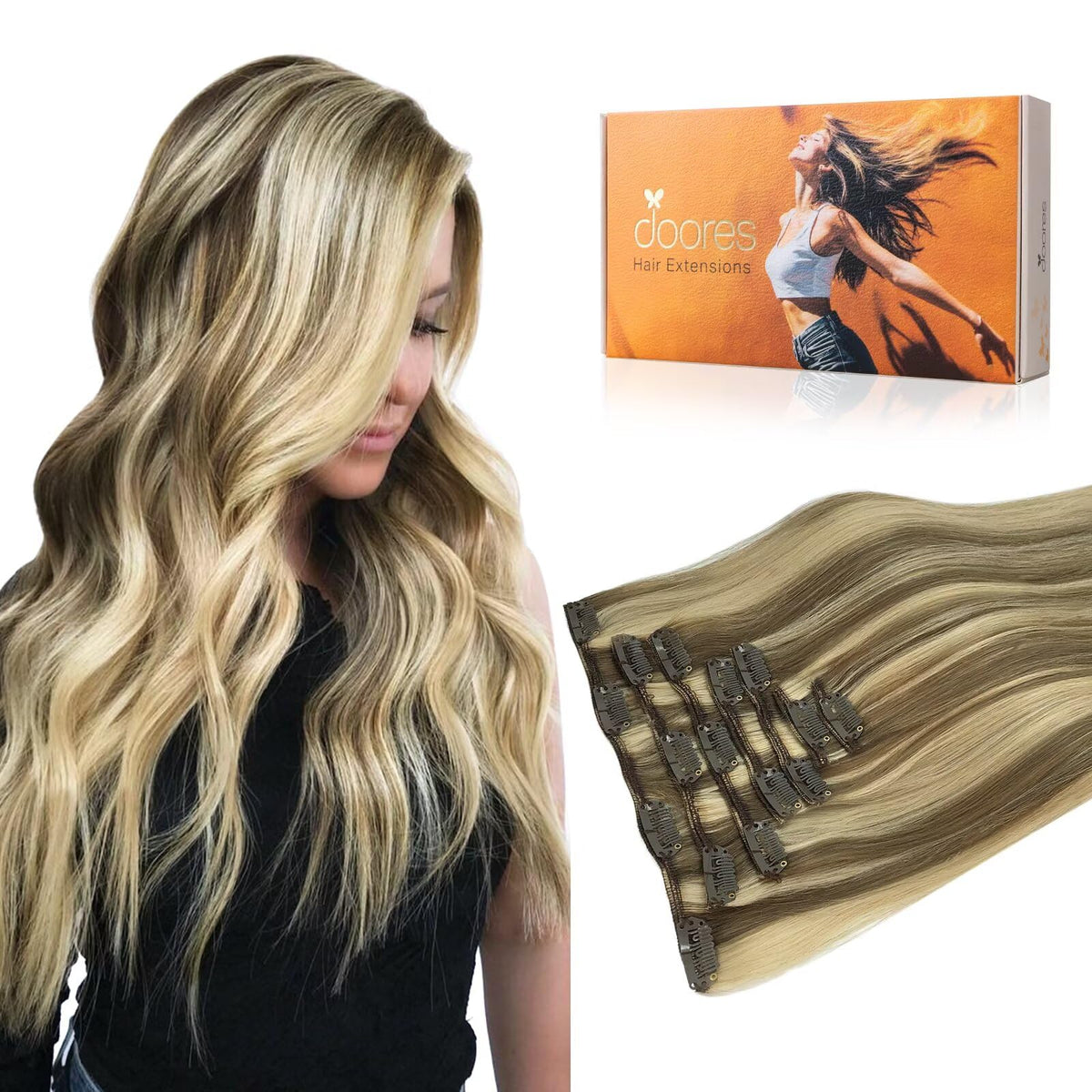 DOORES Human Hair Extensions 12 Inch medium brown highlighted golden blonde front view