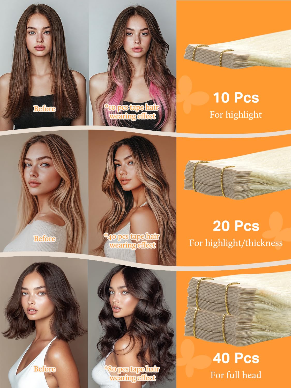 DOORES Tape in Hair Extensions 10-26 inches length options