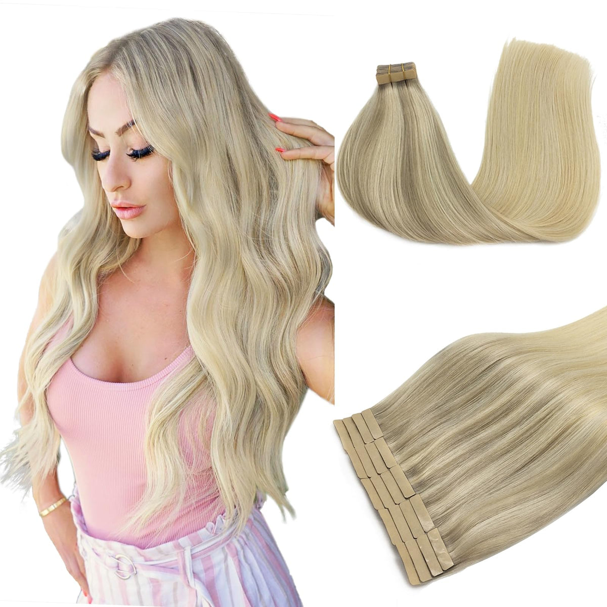 DOORES Tape in Hair Extensions 100% Remy Human Hair front view