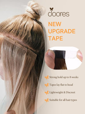DOORES Tape in Hair Extensions displayed with styling tools