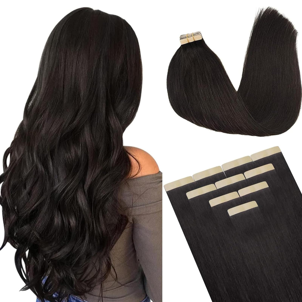 DOORES Tape In Hair Extensions front view showing 10-26 inch lengths