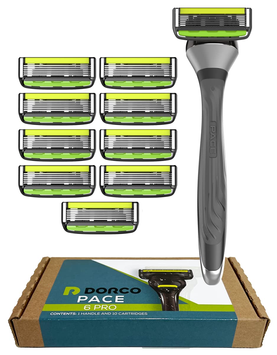 DORCO Pace 6 Pro six blade razor system front view with handle and cartridges