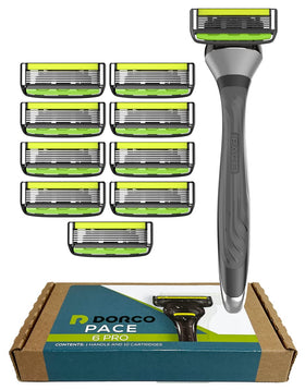 DORCO Pace 6 Pro six blade razor system front view with handle and cartridges