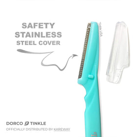 DORCO Tinkle Dermaplaning Tool set displayed on a vanity