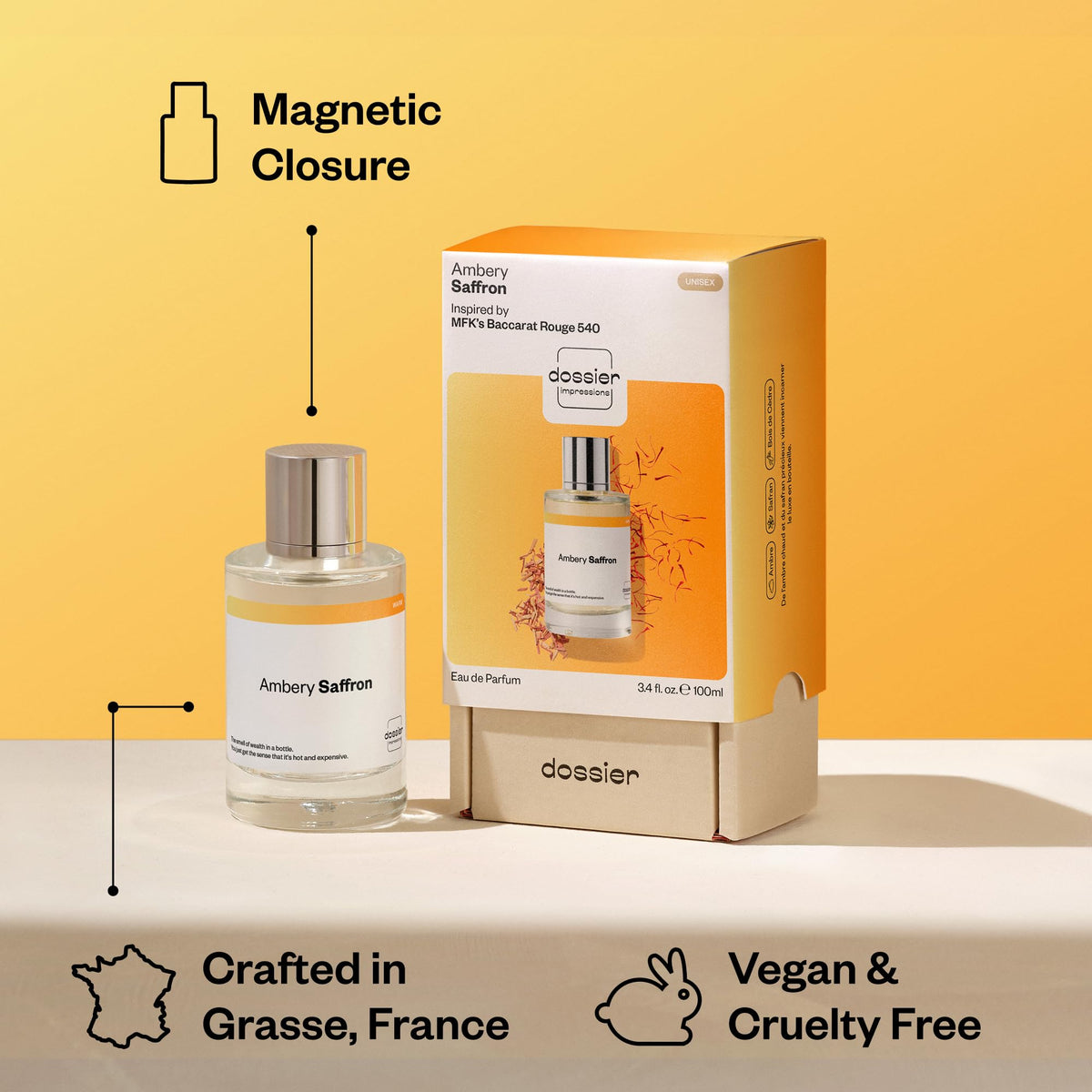 Dossier Ambery Saffron Eau de Parfum 100ml with floral background