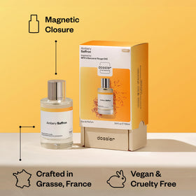Dossier Ambery Saffron Eau de Parfum 100ml with floral background