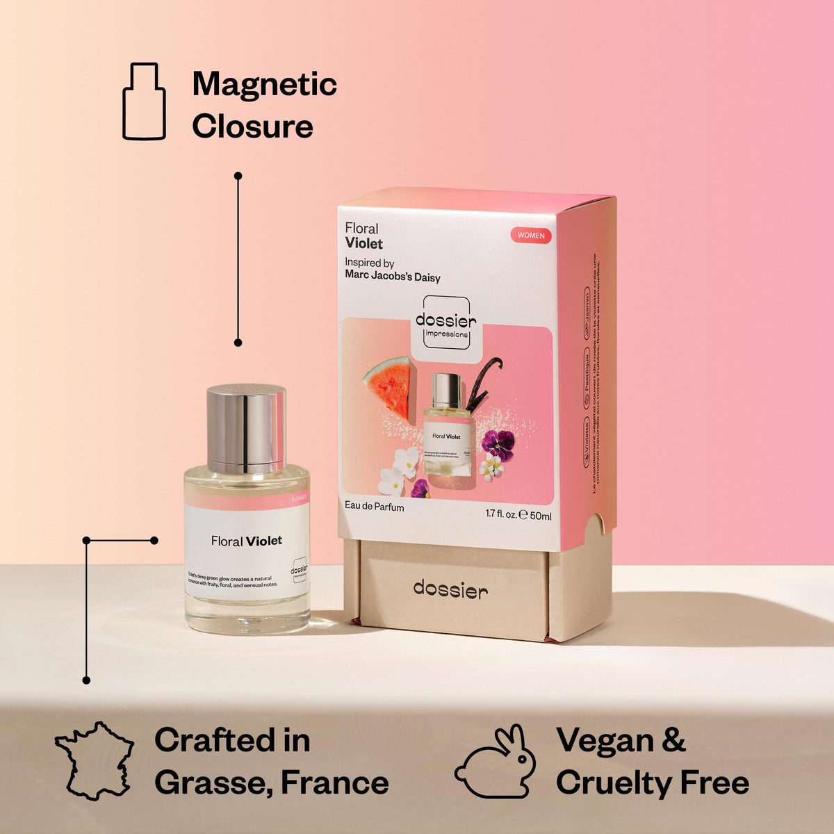 Dossier Floral Violet Eau de Parfum bottle on a vanity