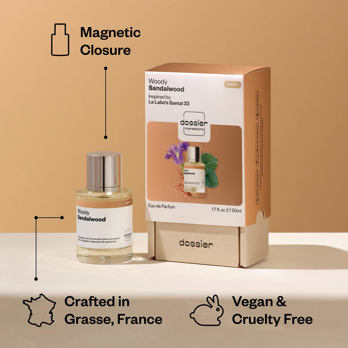 Dossier Woody Sandalwood Eau de Parfum with floral background