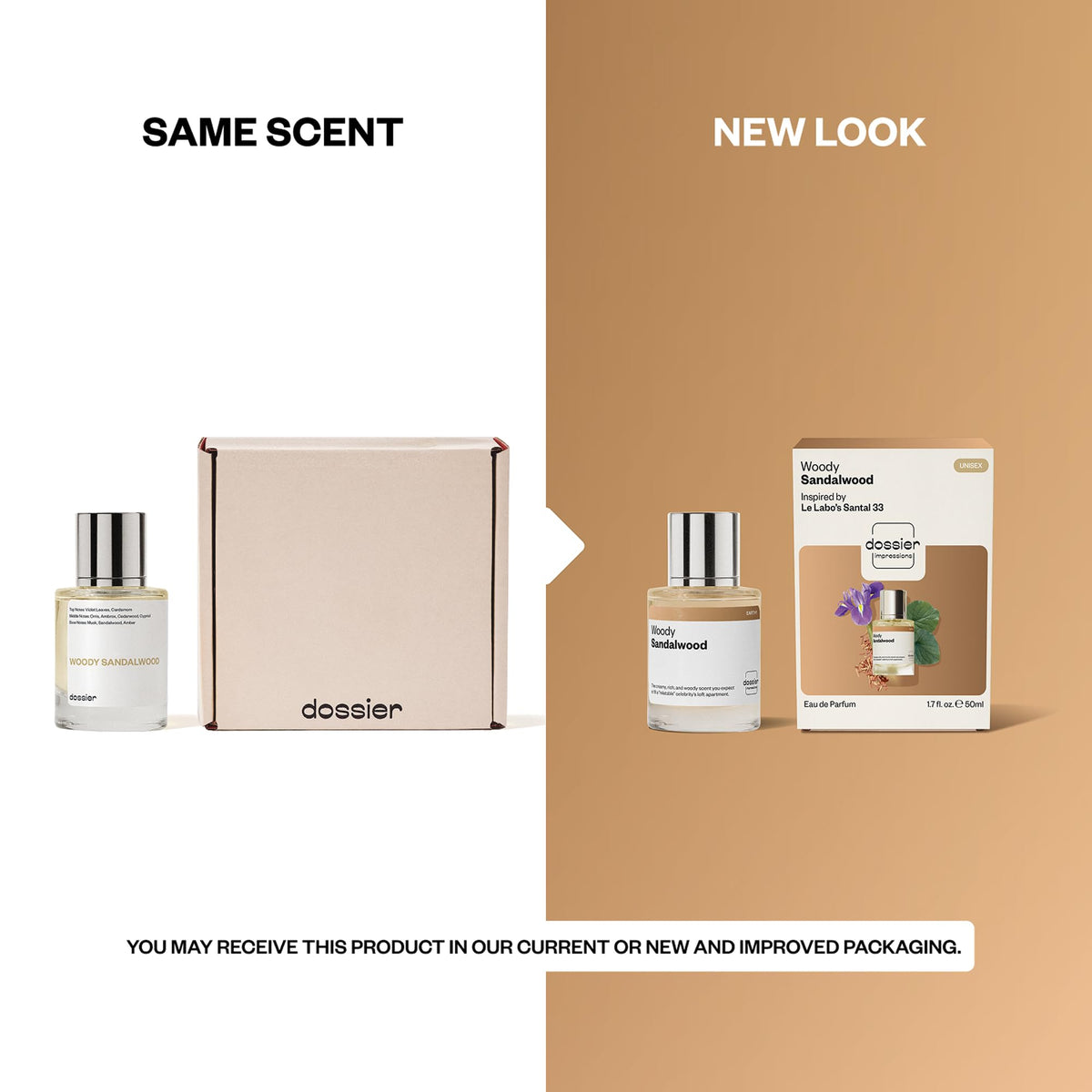 Dossier Woody Sandalwood Eau de Parfum with ingredients on display