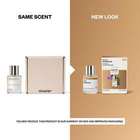 Dossier Woody Sandalwood Eau de Parfum with ingredients on display