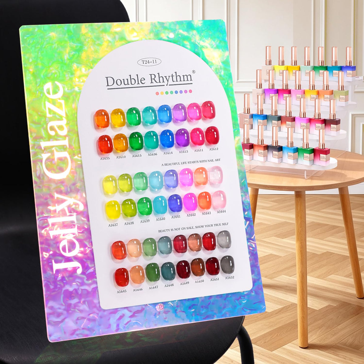 Double Rhythm 28Pcs Gel Nail Polish Set with various neon jelly colours