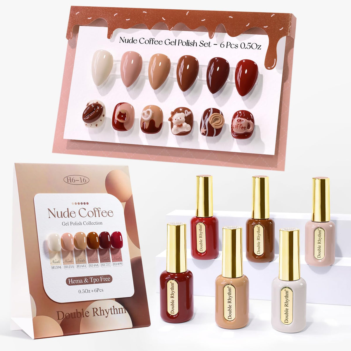 Double Rhythm 6 Pcs Gel Polish Set front view with assorted colours
