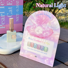 Double Rhythm Cat Eye Gel Nail Polish bottles with UV lamp in background