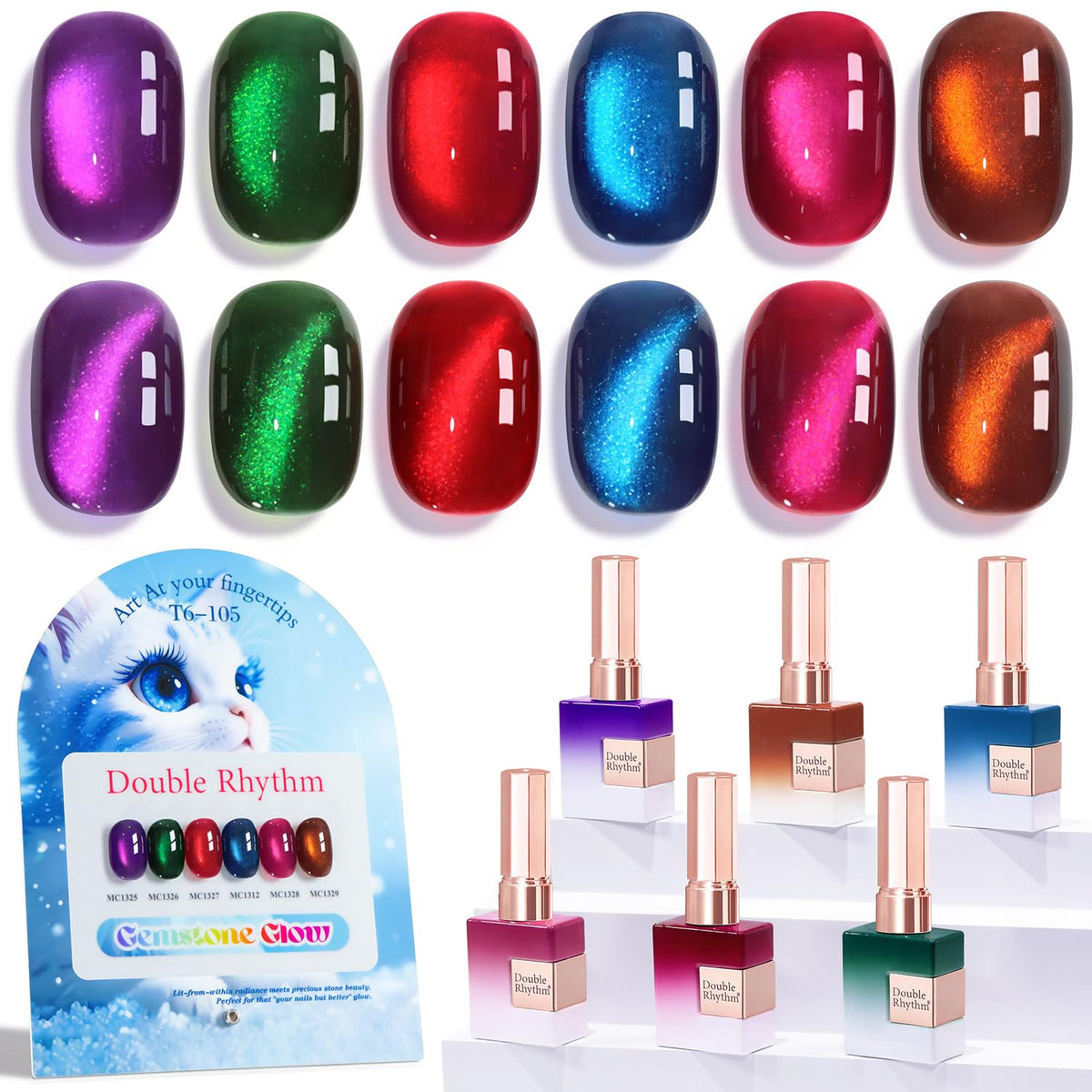 Double Rhythm Cat Eye Gel Nail Polish Set front view with six bottles