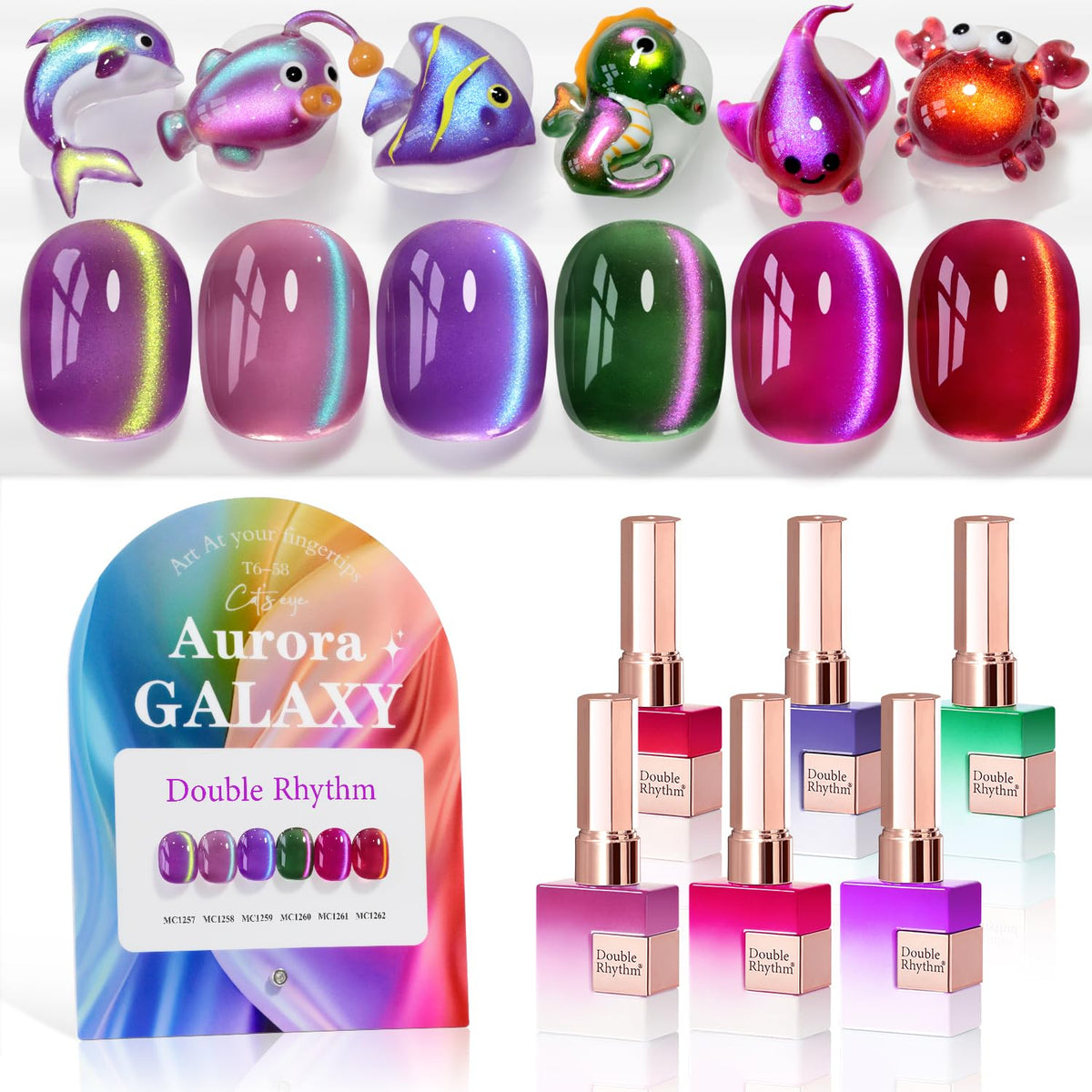 Double Rhythm Cat Eye Gel Nail Polish Set of 6 bottles with shimmer