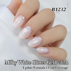 Double Rhythm Gel Nail Polish 15ML milky snow glitter in use with UV lamp