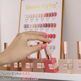 Double Rhythm gel nail polish bottles arranged in a circle