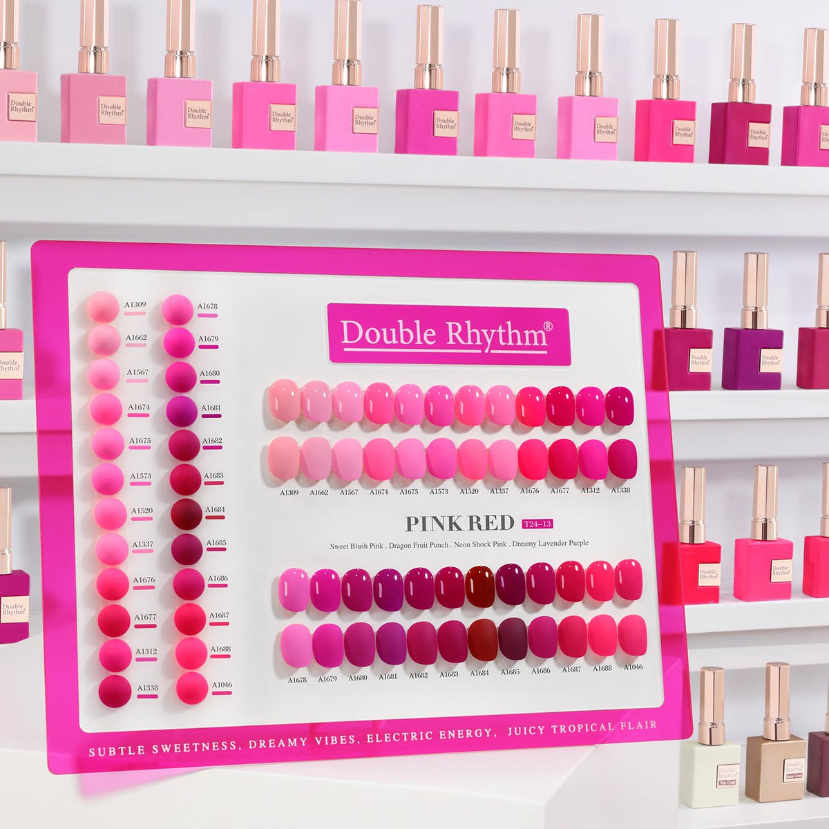 Double Rhythm Gel Nail Polish Set 28Pcs Bright Pitaya Pink Purple Red front view