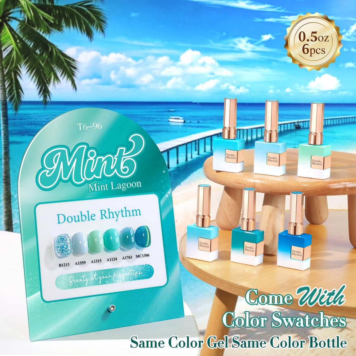 Double Rhythm Gel Polish 15 ML bottles in teal mint green