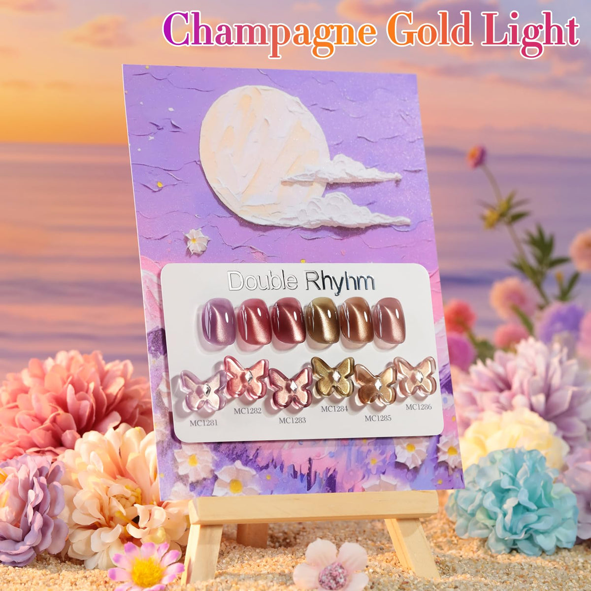 Double Rhythm gel polish bottles arranged in a row