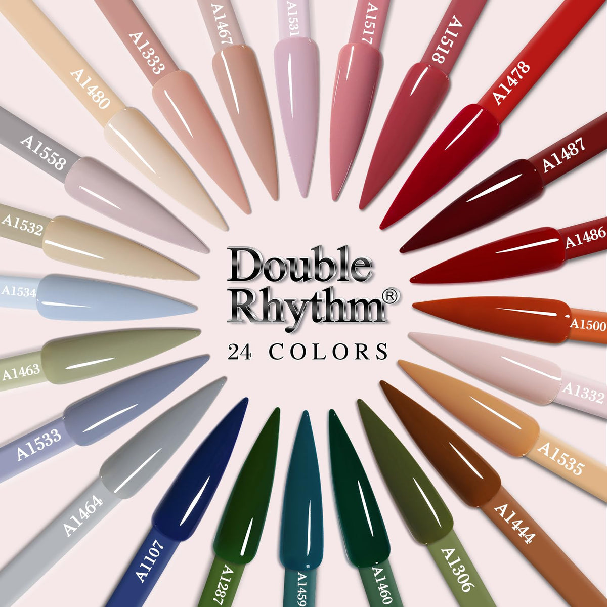 Double Rhythm gel polish bottles arranged neatly