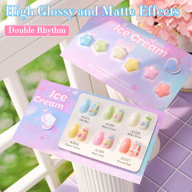 Double Rhythm Gel Polish bottles displayed on a nail art table