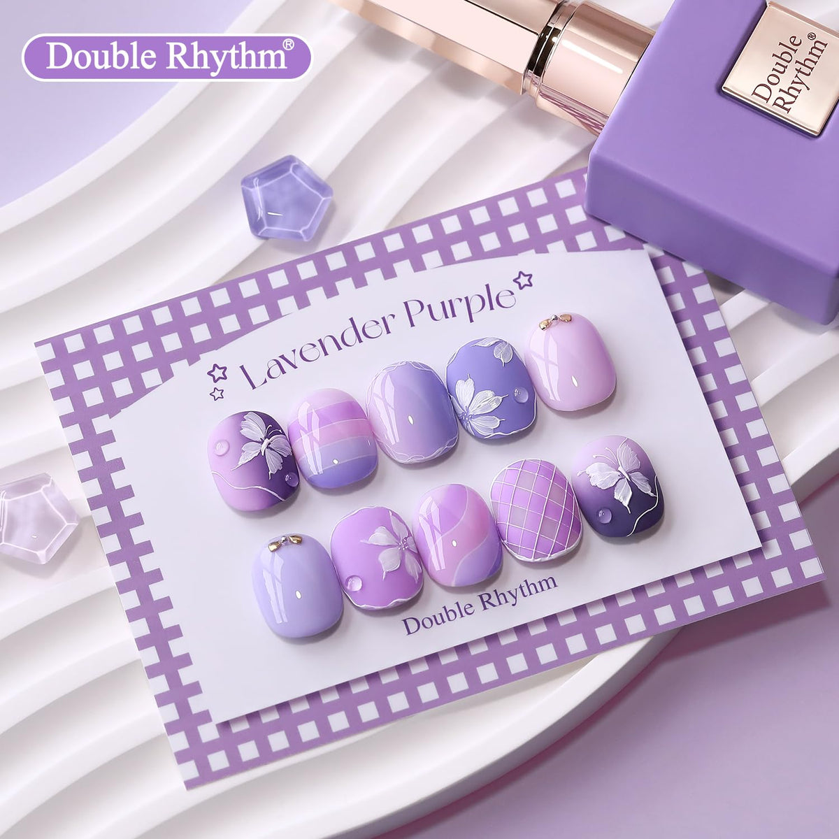 Double Rhythm gel polish bottles lined up on a table