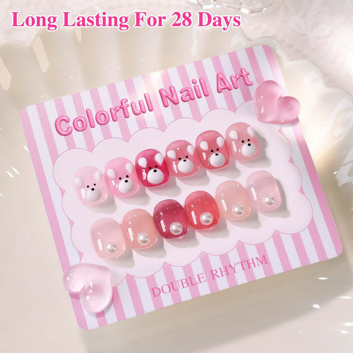 Double Rhythm gel polish bottles with labels visible
