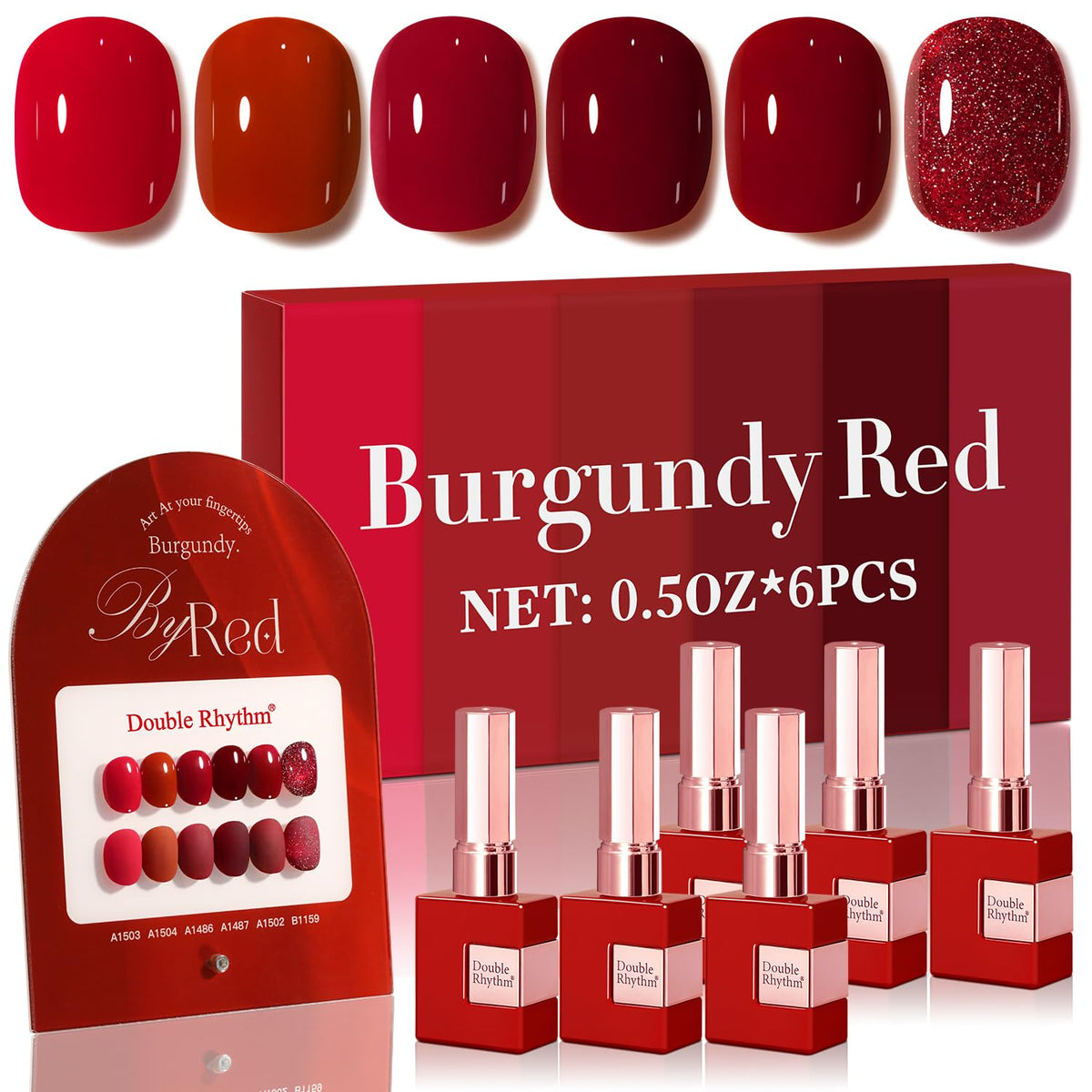 Double Rhythm Gel Polish Set 6 Pcs 15 ML Glitter Burgundy front view