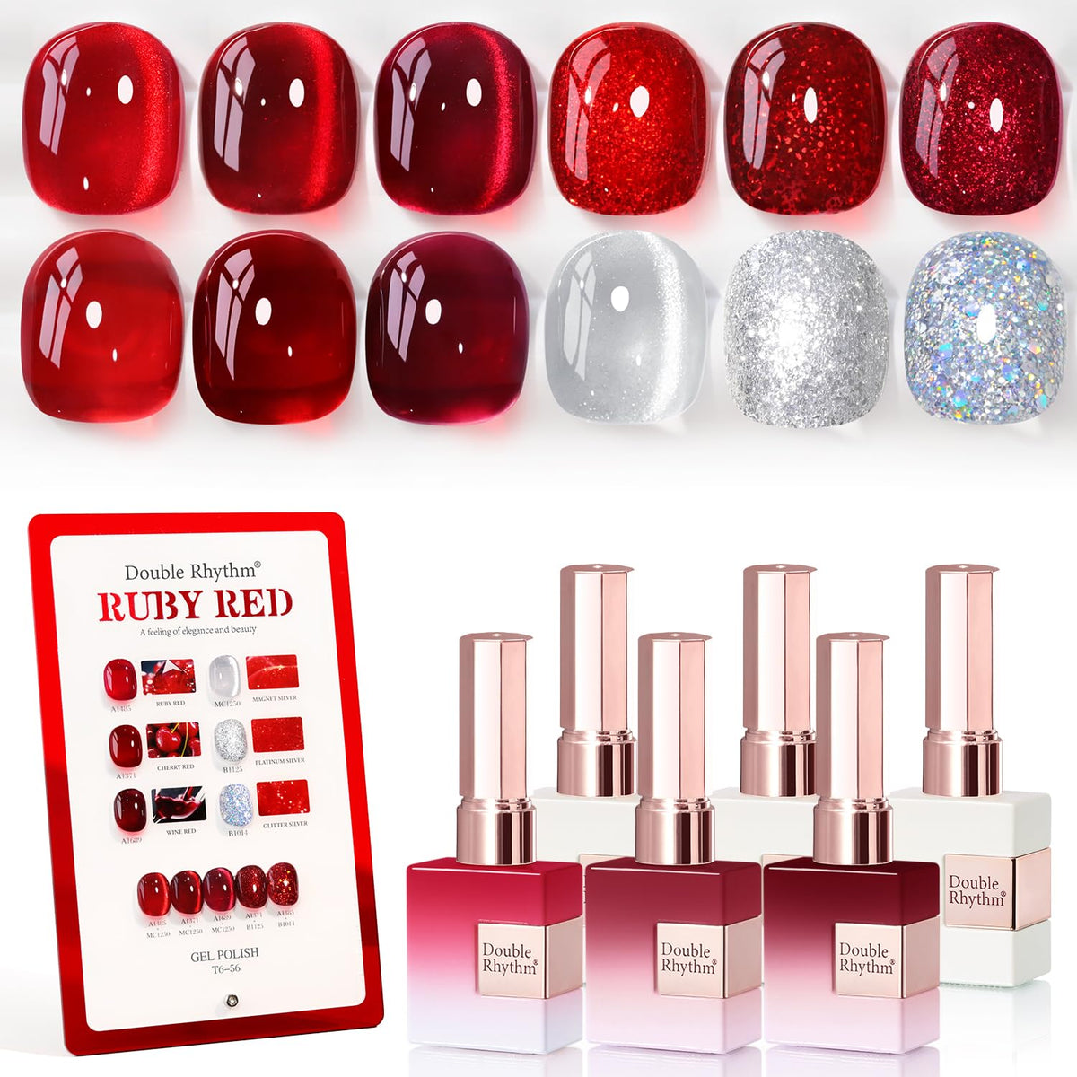 Double Rhythm Gel Polish Set 6 Pcs 15 ML Jelly Burgundy Red Glitter front view