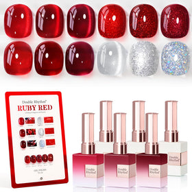 Double Rhythm Gel Polish Set 6 Pcs 15 ML Jelly Burgundy Red Glitter front view