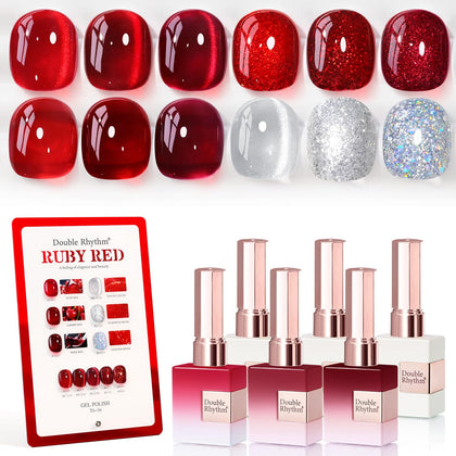 Double Rhythm Gel Polish Set 6 Pcs 15 ML Jelly Burgundy Red Glitter front view