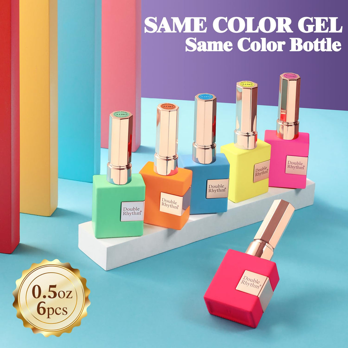 Double Rhythm Gel Polish Set on a nail art display