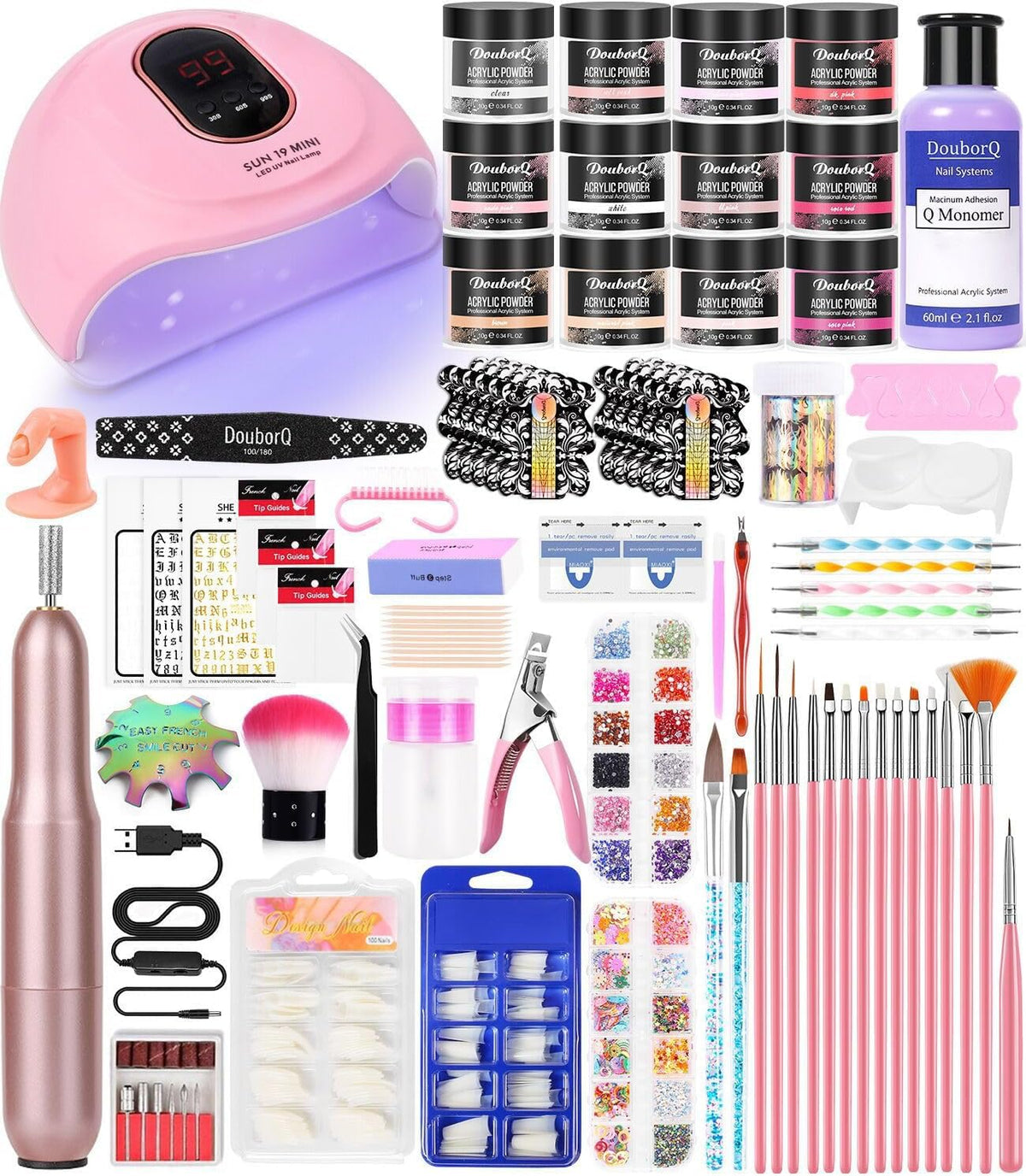 DouborQ Acrylic Nail Art Kit with UV lamp and drill, front view