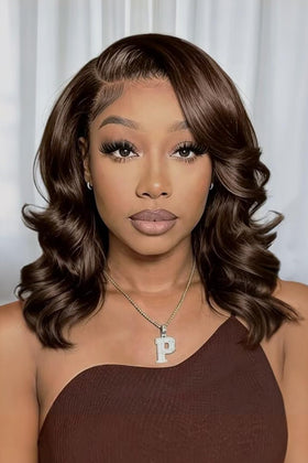 Douyin Chocolate Brown Bob Wig front view with body wave texture