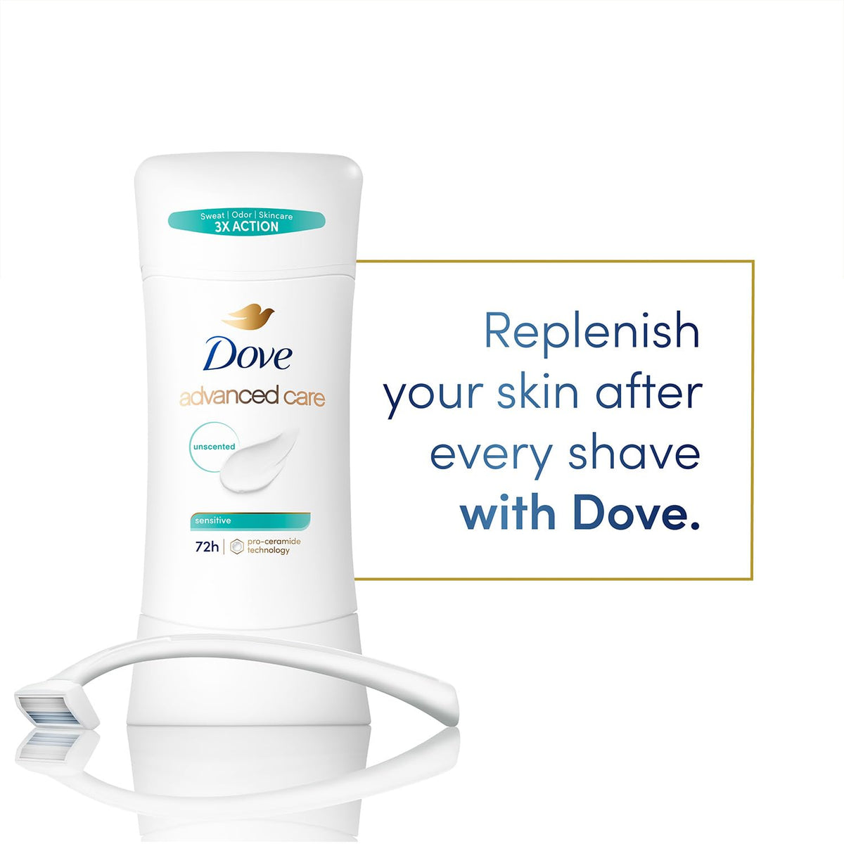 Dove Advanced Care Antiperspirant Deodorant on a bathroom counter