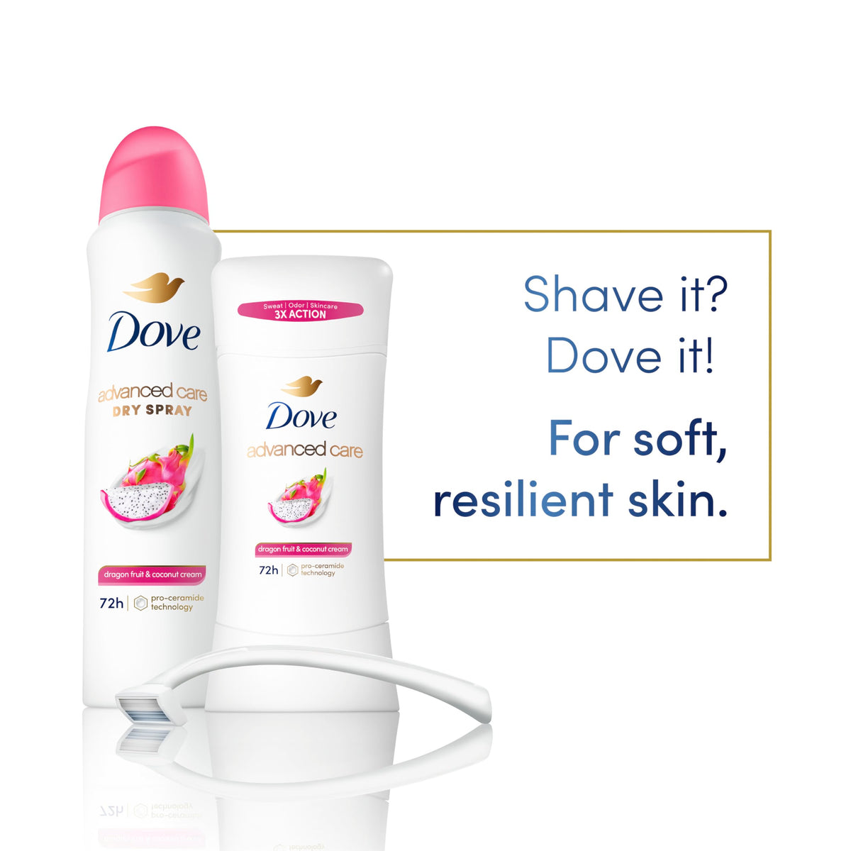 Dove Advanced Care Antiperspirant Deodorant Spray on a bathroom counter
