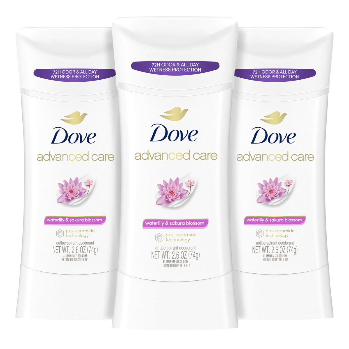 Dove Advanced Care Antiperspirant Deodorant Stick 3ct packaging front view