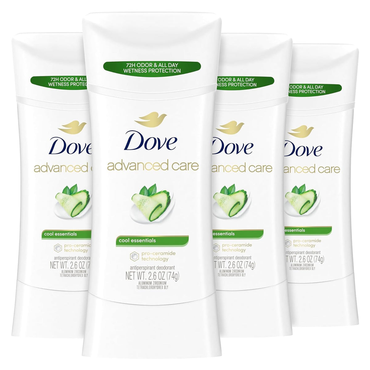 Dove Advanced Care Antiperspirant Deodorant Stick 4 ct packaging front view