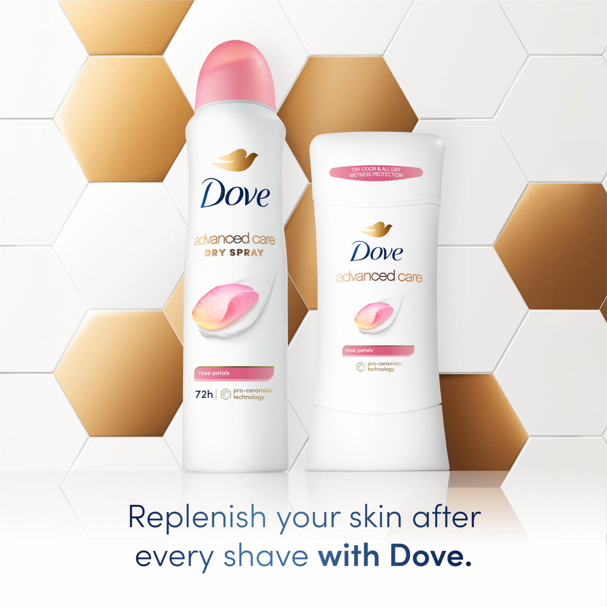 Dove Advanced Care Antiperspirant Deodorant Stick Rose Petals on bathroom counter