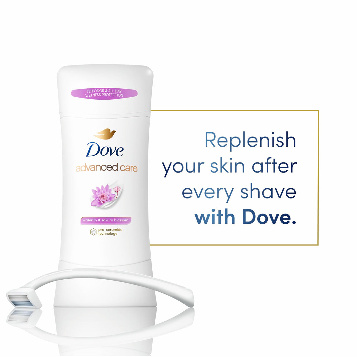 Dove Advanced Care Antiperspirant Deodorant Stick Waterlily & Sakura Blossom close-up