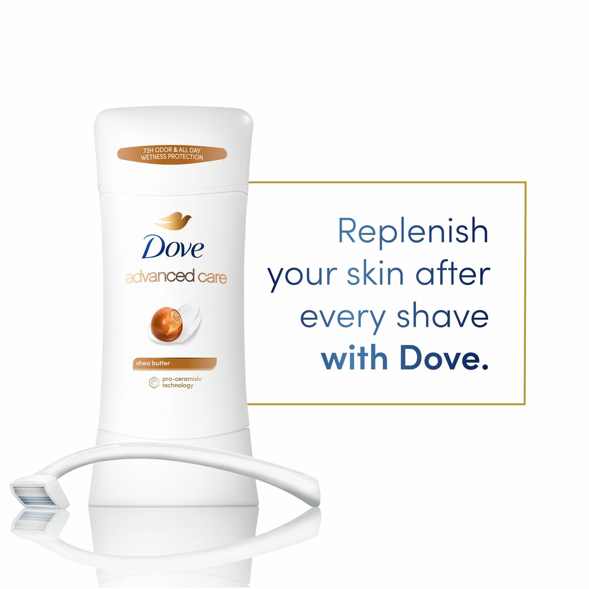 Dove Advanced Care Shea Butter Antiperspirant Deodorant Stick side view