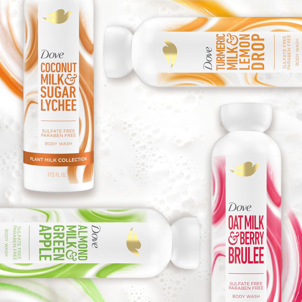 Dove Almond Milk & Green Apple Body Wash in a shower setting