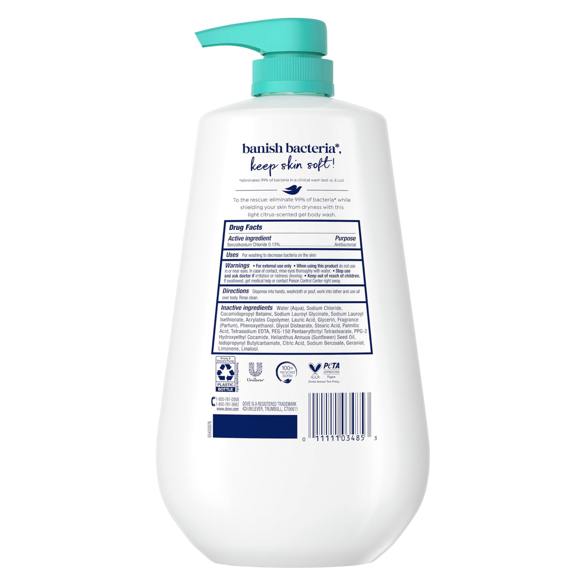 Dove Antibacterial Body Wash 30.6 oz pump back view