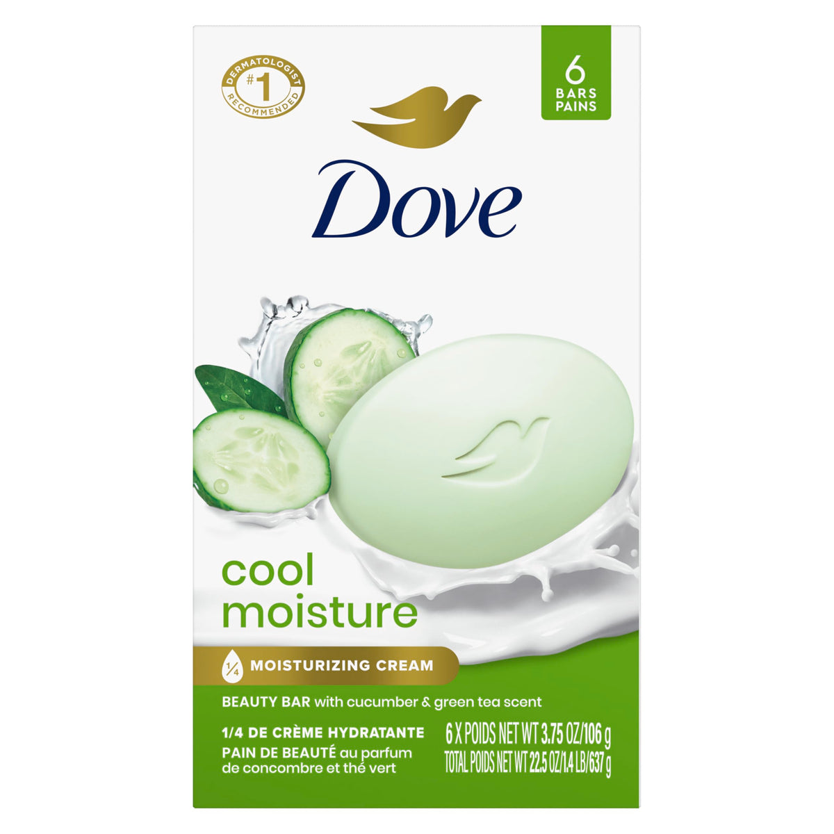 Dove Beauty Bar Soap Cool Moisture front view with cucumber and green tea scent