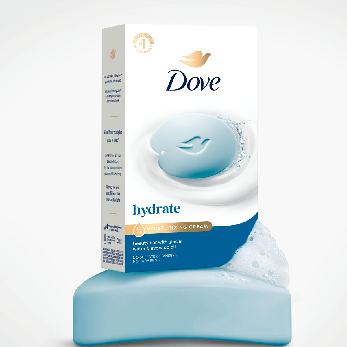 Dove Beauty Bar Soap displayed on a shower shelf