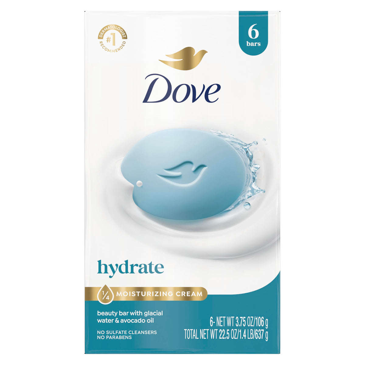 Dove Beauty Bar Soap Glacial Water & Avocado Oil 6 Count packaging front view