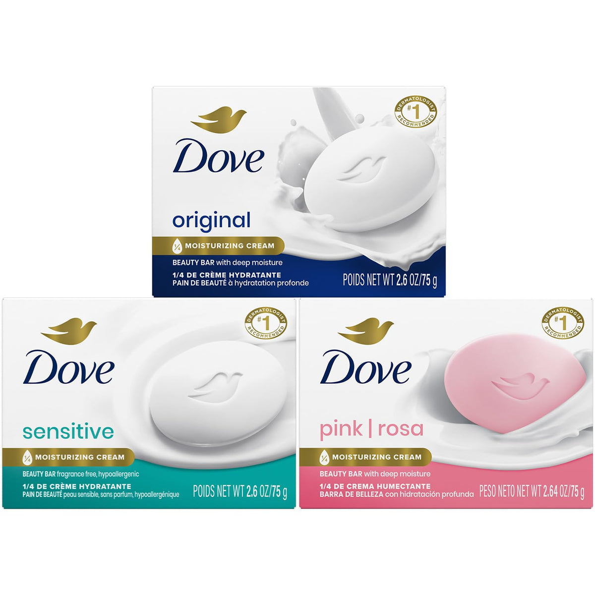 Dove Beauty Bar Soap Variety Pack including Original, Sensitive Skin, and Pink bars