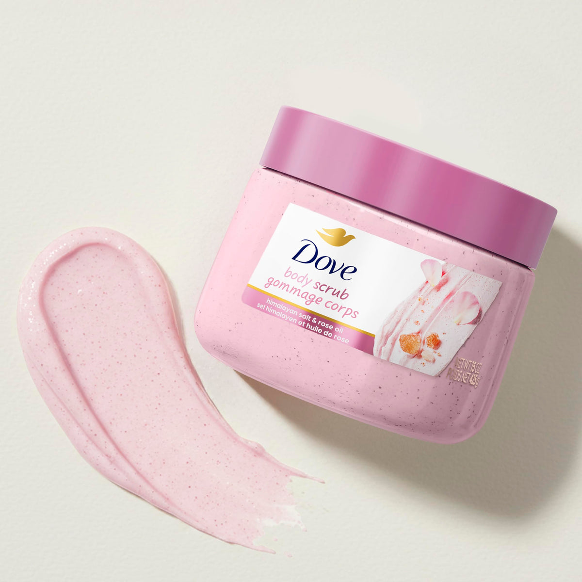 Dove Body Scrub 15 oz jar with lid open